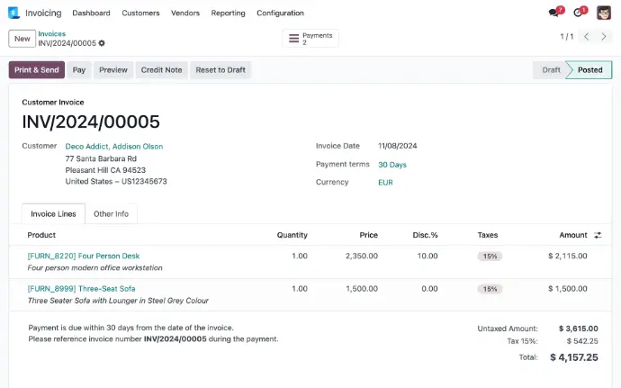 Odoo customer invoice screen