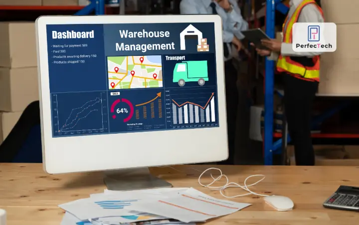 Digital warehouse management dashboard with logistics data and transport tracking in a Saudi warehouse