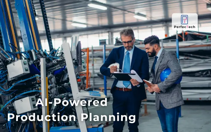 Business experts reviewing AI-powered production planning data in a smart manufacturing facility