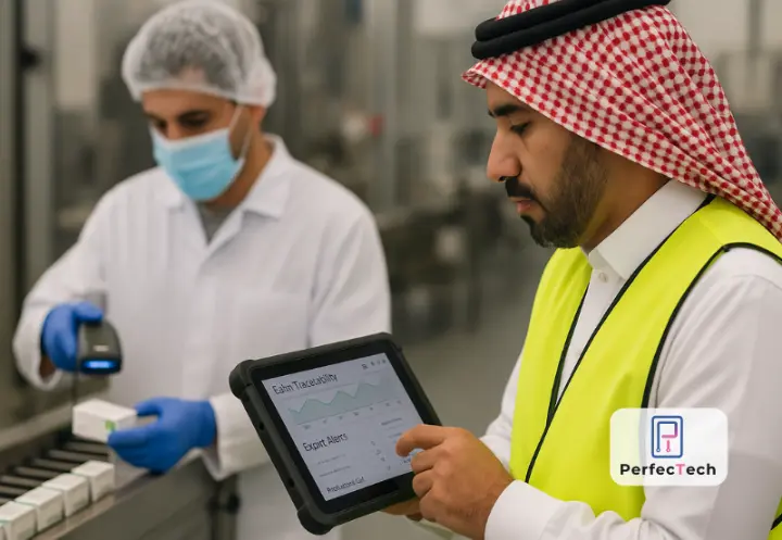Saudi supervisor reviewing Odoo SFDA dashboard on a rugged tablet while an operator scans serialized medicine boxes on a conveyor—batch traceability, expiry alerts, production log