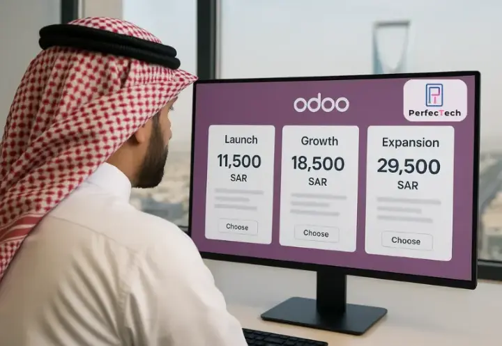 Hero image showing Saudi businessman reviewing Odoo ERP packages (Launch, Growth, Expansion)
