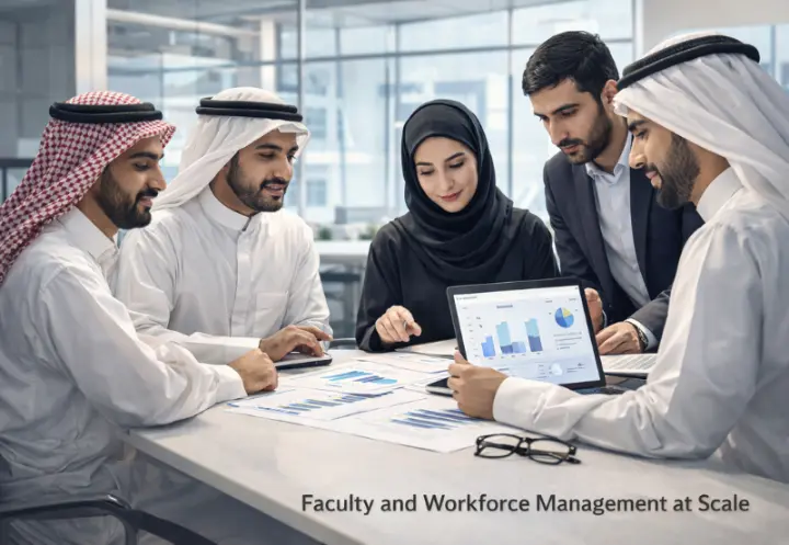 فريق عمل في مكتب حديث يستخدم جهازاً لوحياً لإدارة بيانات أعضاء هيئة التدريس والقوى العاملة في المؤسسات التعليمية.