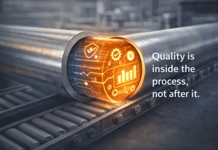 خط إنتاج صناعي مع فحوصات جودة رقمية متكاملة توضح أن الجودة جزء أصيل من عملية التصنيع.