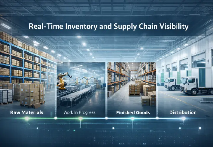 Digital dashboard showing raw materials, WIP, and finished goods distribution in a Saudi warehouse.