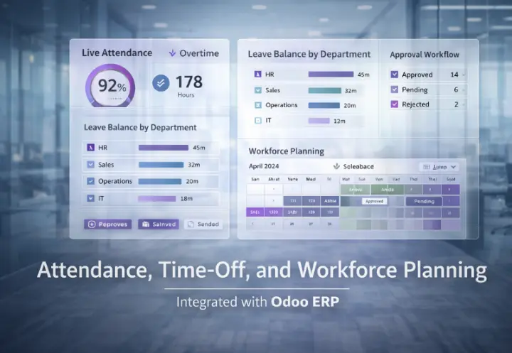 واجهة رقمية متطورة مدمجة مع نظام أودو تظهر مقاييس الحضور المباشر، أرصدة الإجازات حسب القسم، وجدول تخطيط القوى العاملة لشهر أبريل 2024.