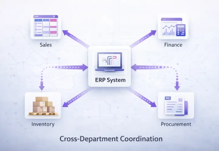 Odoo ERP Cross-Department Coordination for Egyptian Firms A central Odoo ERP system icon connecting Sales, Finance, Procurement, and Inventory to ensure unified data flow in an Egyptian business.