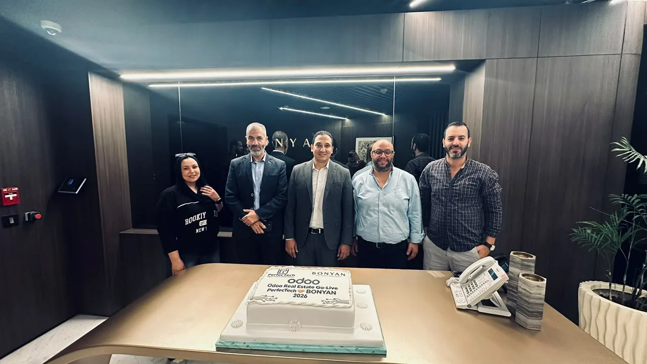 Bonyan and Perfect Tech teams celebrating the Odoo Real Estate ERP go-live in 2026